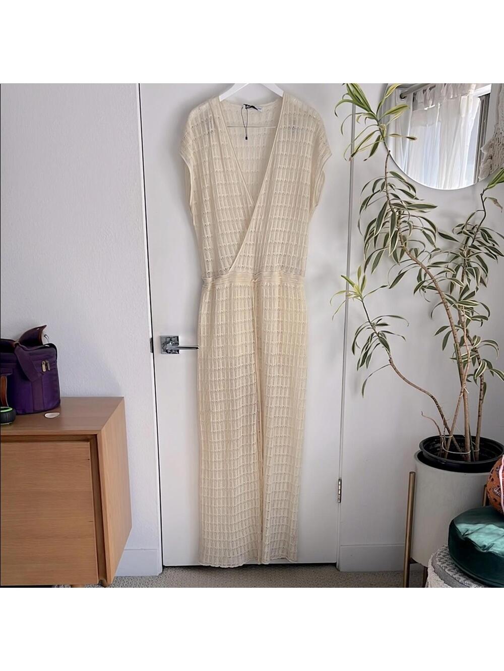 Zara Limited Edition Loose Cream Pointelle Flowy Cover Up Knit Jumpsuit Large